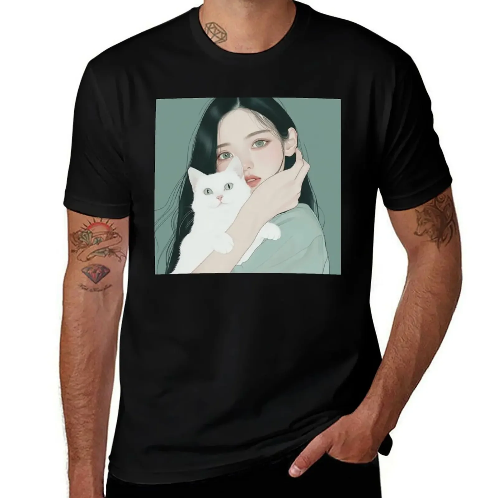 

Soft Whispers of Companionship – Girl and White Cat T-Shirt luxury t-shirt boys animal print T-shirts man mens designer t shirt