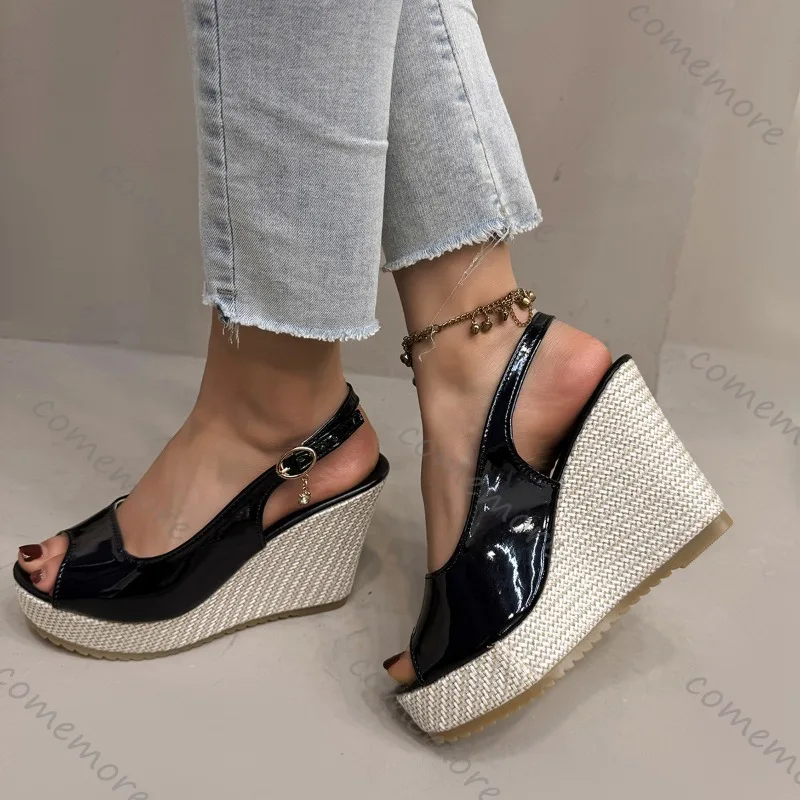 Patent Leather Peep Toe Espadrille Wedge Sandals Ankle Strap Buckle Platforms Shoes Elegant Female Summer Shoes Zapatos Mujer