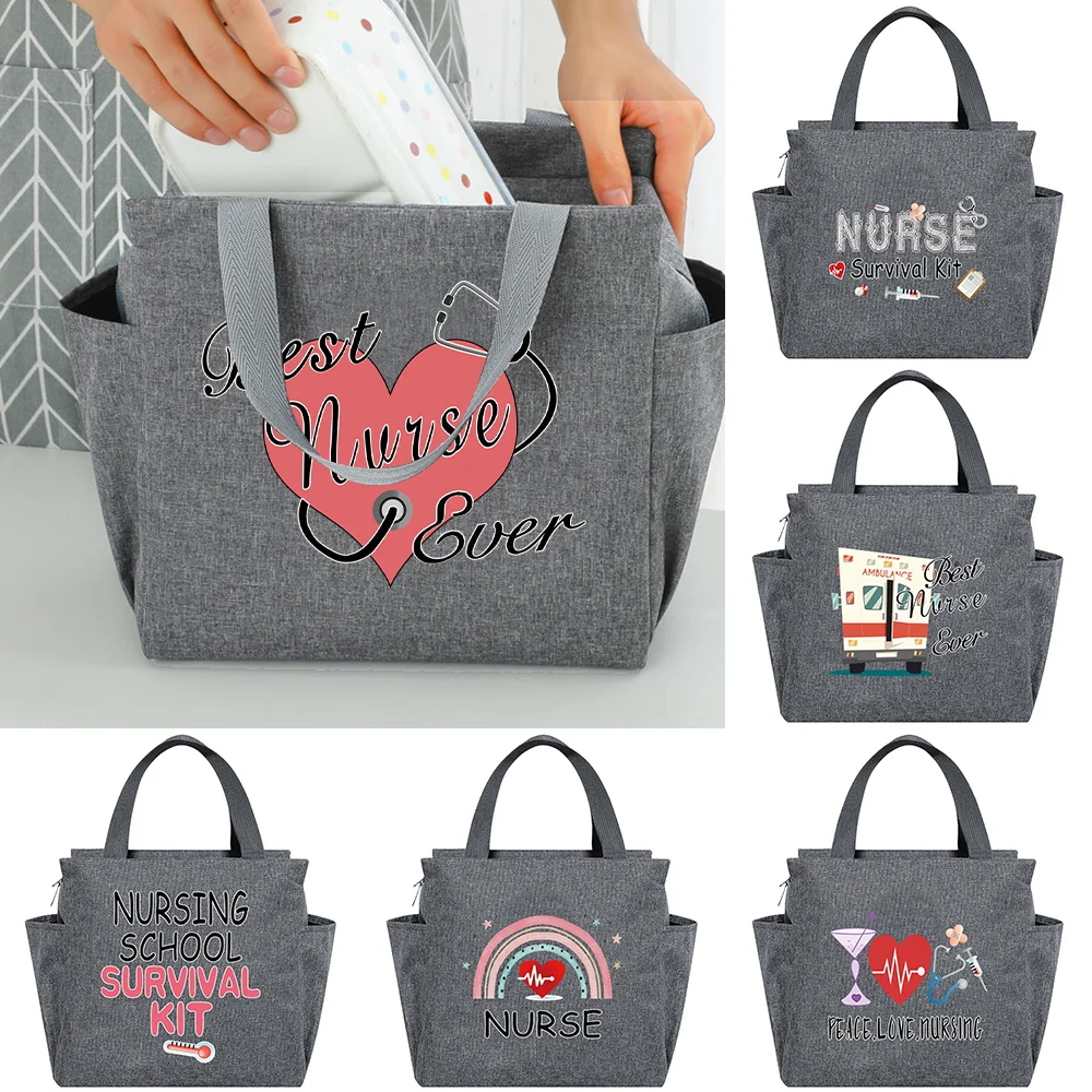 Plain Canvas Insulated Lunch Tote Bag Nurse Pattern Storage Bag Portable Handbag for Daily Lunch Box Carrying