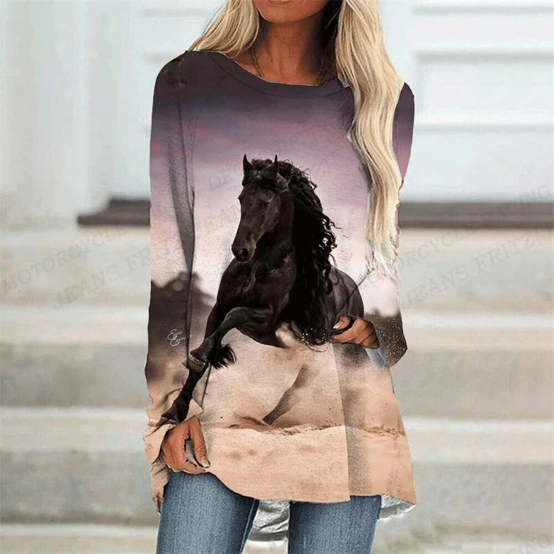 Horse T Shirt Animal 3d Print T-shirt Women Fashion T-shirt Long Sleeve Tops Tees Ladies Tshirt Loose Camisetas Femme