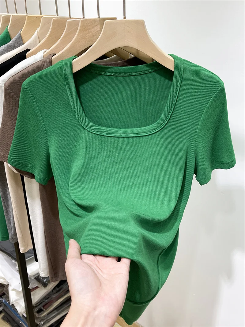 

Женская модная футболка Slim Fit с квадратным воротником и короткими рукавами, модный топ в европейском стиле из хлопковой смеси, эластичный топ, летняя новинка