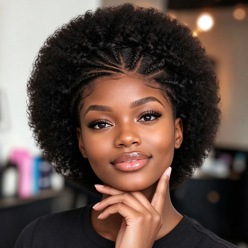 13x4 Lace Front Braided Wigs Human Hair, Pre Braided Afro Kinky Curly Wigs Afro Puff Design for Women Dreadlock & Braid Styles