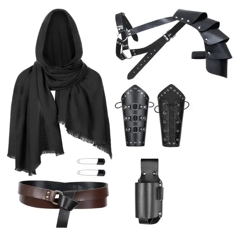 39BD Mittelalter-Kostümset für Herren, bestehend aus Kunstledergürtel, Schulterpanzern, Armschienen und Schal für LARP und