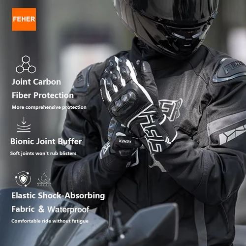 Imagen 2 del producto Guantes de Motociclismo FEHER para Invierno, Impermeables, con Pantalla Táctil, de Cuero, Cálidos, con Diseño de Fibra de Carbono en las Articulaciones de los Dedos
