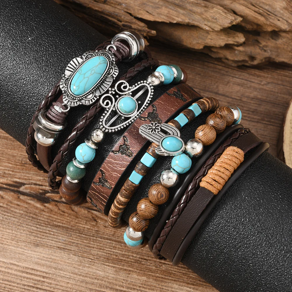 Conjunto de 6 piezas Retro de moda para hombre, cuentas de madera de cuero turquesa y Cactus, accesorios de cuerda de estampado multicapa