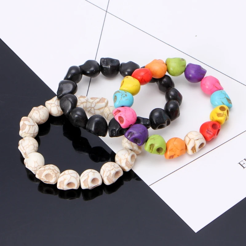 Vintage Skull Beads Skeleton Bracelets Mala Bangle Skull Bracelet Elastic Howlite Stone Charm Day of the Dead Skeleton Y08E