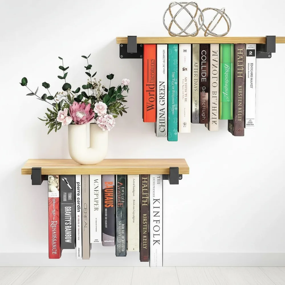 

2 комплекта плавающей книжной полки, невидимый настенный книжный шкаф, компактные полки из соснового дерева для декора домашнего офиса
