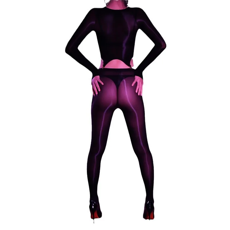 Sexy Women Candy Color Bandage Oil Glossy Shiny Hollow Out Bodysuit Sheer See Through Cosplay Maid Elastic Tights With Garter