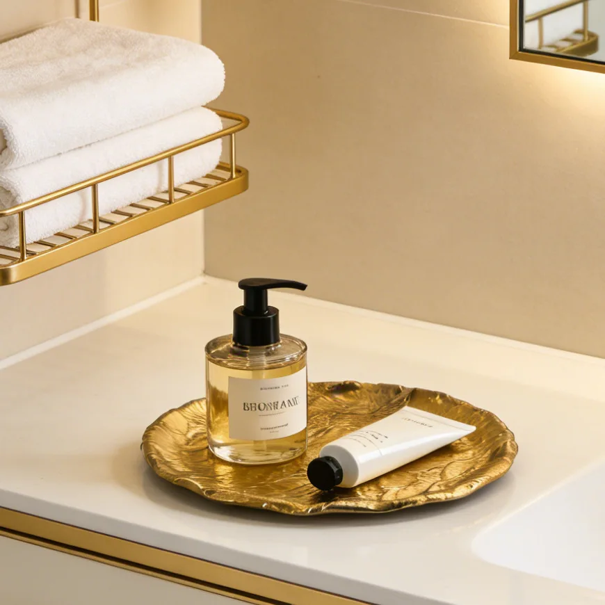 Luxury Gold Metal Tray, Iron Storage Plate, Decorative Dish for Candles Jewelry Cosmetics, Vanity Tabletop Organizer Home Decor