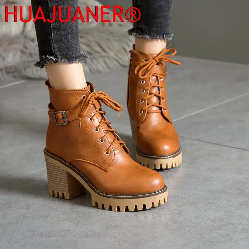 Women Boots 2025 Winter Shoes Woman High Heel Lace Up Ankle Boots Buckle Platform Artificial Leather Women Shoes Zapatos Mujer