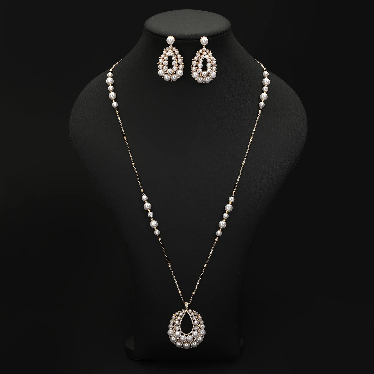 

Fashion Women 2 Pcs Waterdrop Design Necklace & Earrings Set Pearl Long Chain Necklace Earring Jewelry Set