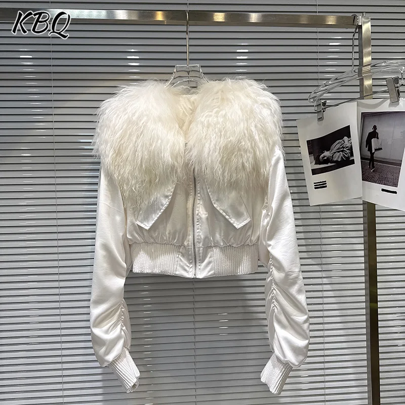 

KBQ однотонные свободные куртки на молнии для женщин с меховым воротником и длинным рукавом Design Sense, повседневное шикарное пальто, женский модный стиль, новинка