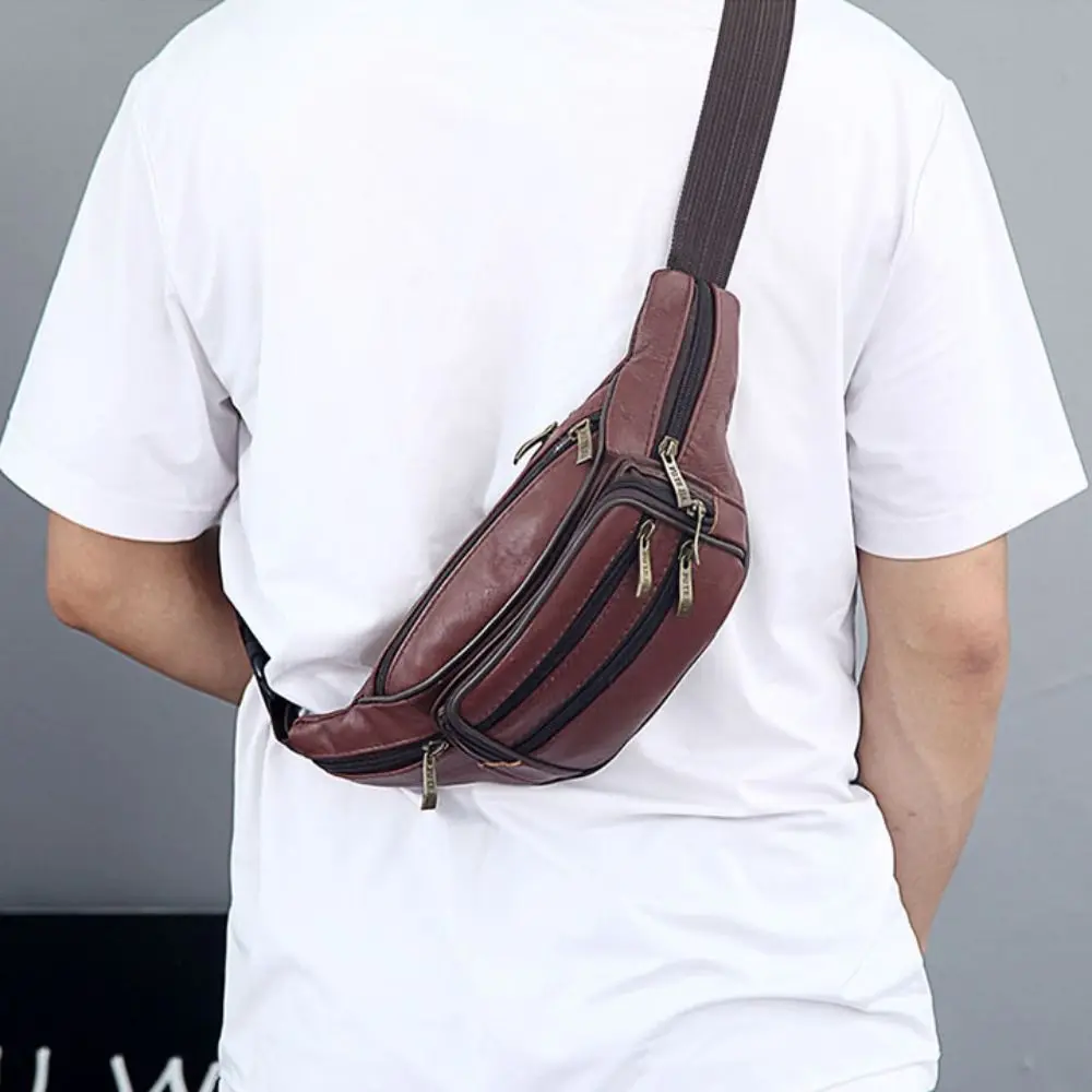 Cowhide Male Zipper Fanny Pack Real Genuine Leather Men\'s Waist Bag Large Capacity Bag for Site Workers Travel Phone Bag