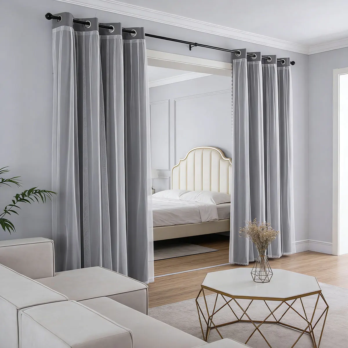 2pcs Grey Double‑Layer Curtains, Grommet Top Sheer‑Blackout Drapes, Modern Window Curtain for Living Room Bedroom