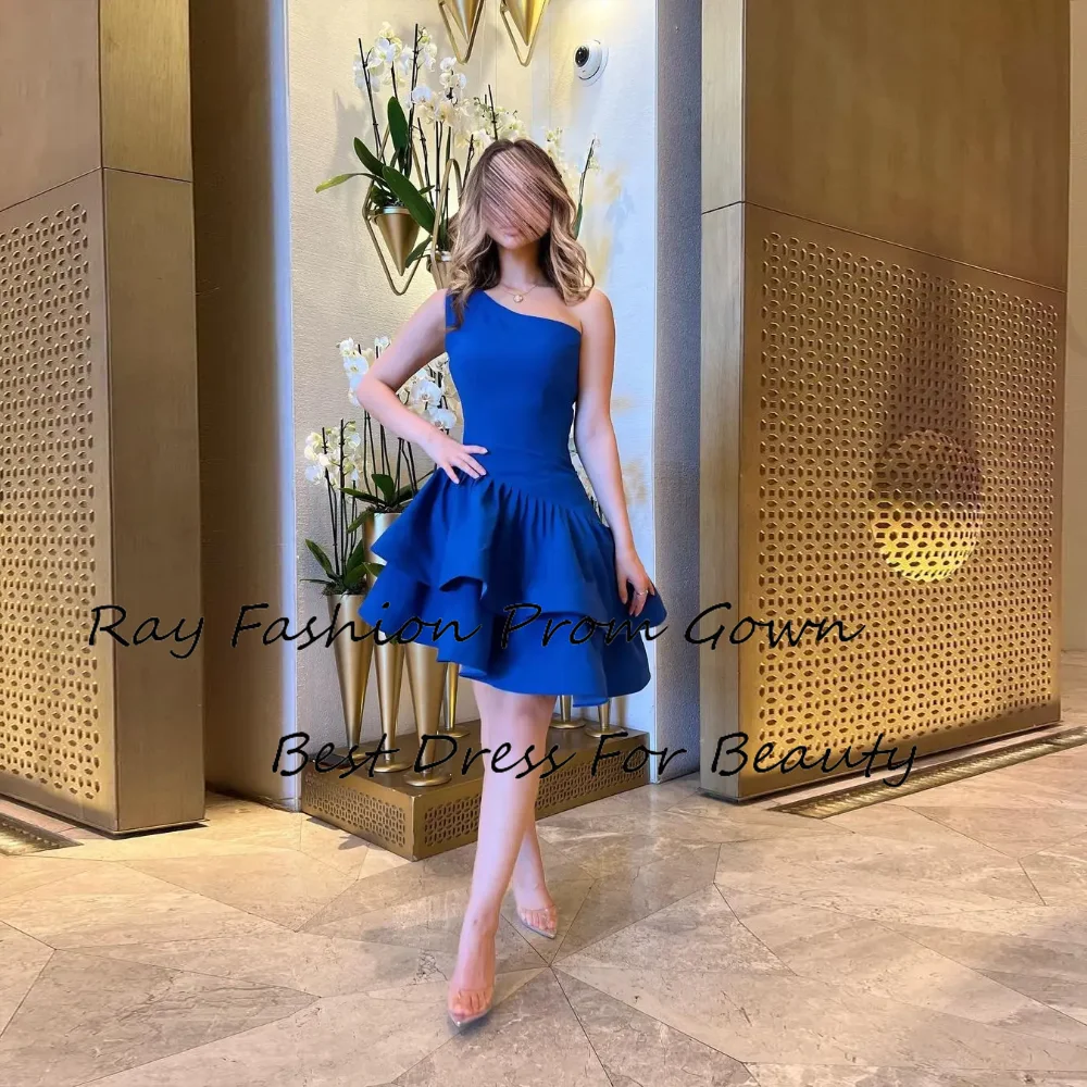 

Simple A LIne Evening Dress One Shoulder Sleeveless With Tiered Ruffle Short Mini Formal Occasion Saudi Arabia فساتين سهرة