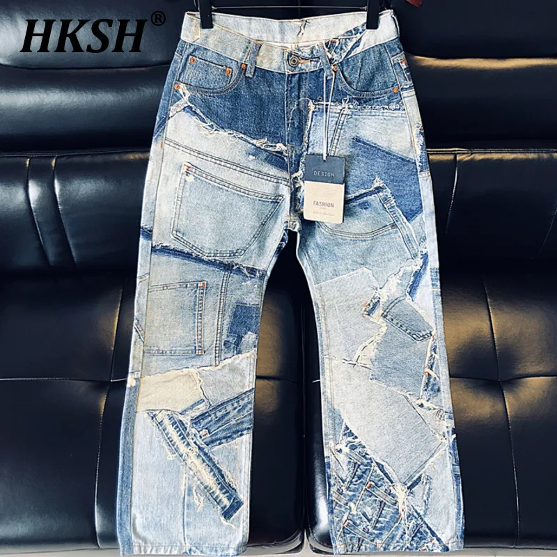 HKSH Spring Autumn New Men Tide Punk Patchwork Y2K High Street Vintage Spliced Jeans Trendy Chic Straight Denim Pants Ins HK5723