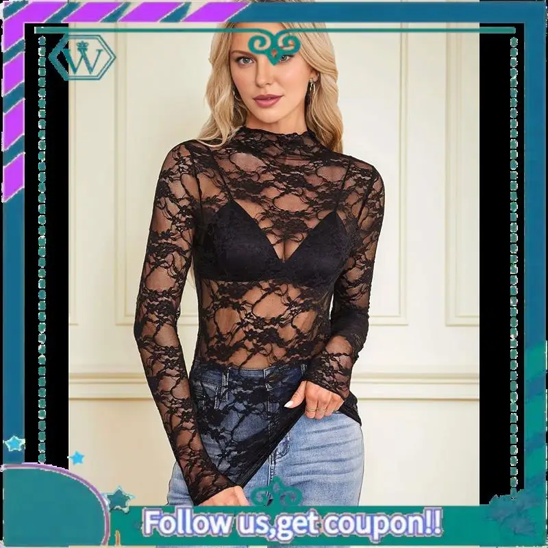 

A09P Women Mesh Floral Lace Long Sleeve Tops See Through Layering Undershirt Blouse Crew Neck Sheer Casual Shirts