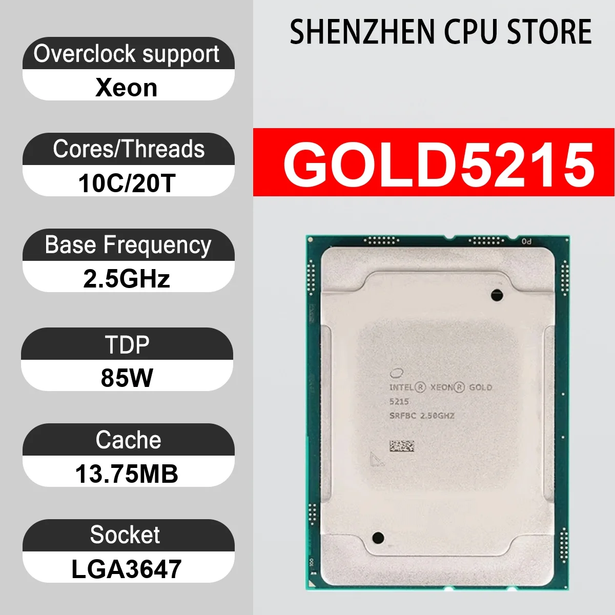 Intel Xeon GOLD5215 10 Core 20 Thread 2.5GHz 85W 13.75MB Cache 14nm Cascade Lake-SP DDR4-2666 MHz SRF95 LGA3647