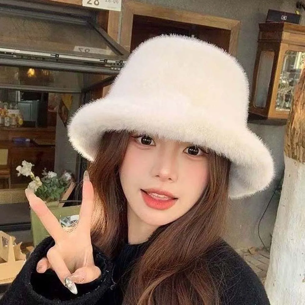 

Gifts Temperament Basin Cap Imitation Mink Fur Solid Color Winter Fisherman Hat French Style Warmer Anti-cold Bucket Hat Women