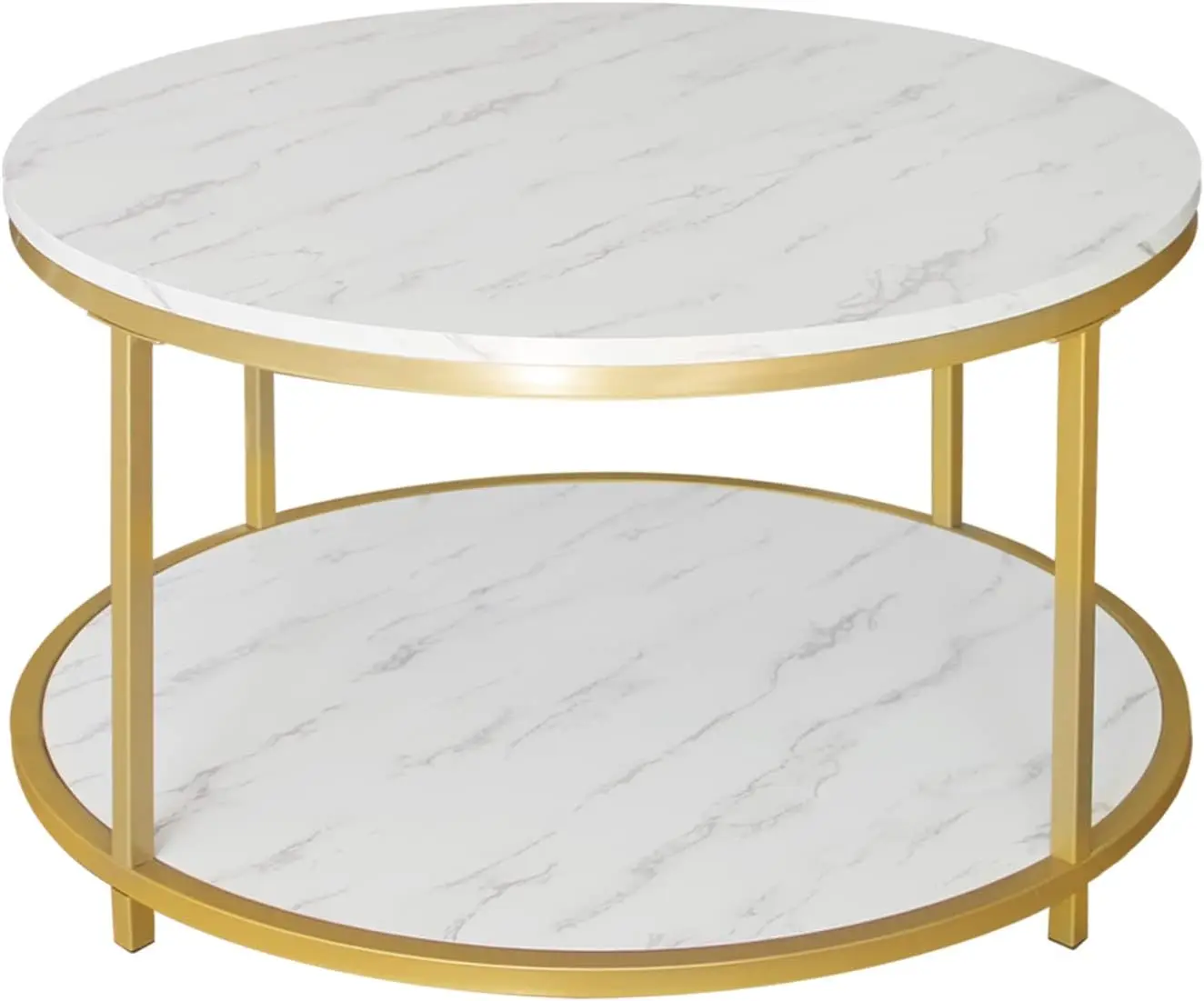 Mesa de centro redonda dorada de 31,5" - Tapa de madera con estante de almacenamiento abierto y estructura de metal resistente, mesa de sofá para sala de estar