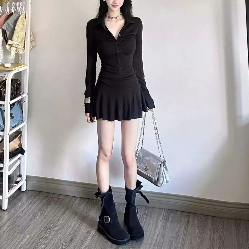 

American Solid Color Dresses Women's Clothing Fashion Folds Slim Spring Autumn Turn-down Collar Button Casual Waist Mini Dress