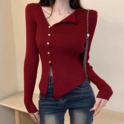 V-Neck Long-Sleeved Top Women Irregular Design Solid Color Knitted Outfit Retro Simple Short Style Slim Fitting Sexy Spring