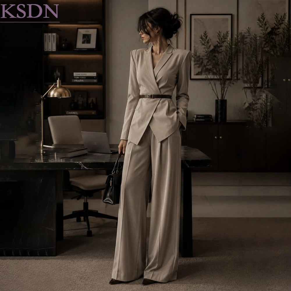 Skinny Belted Women's Suits Customized Fashion Peak Lapel 2 Piece Jacket Wide Leg Pants Elegant Office Lady Outfits
