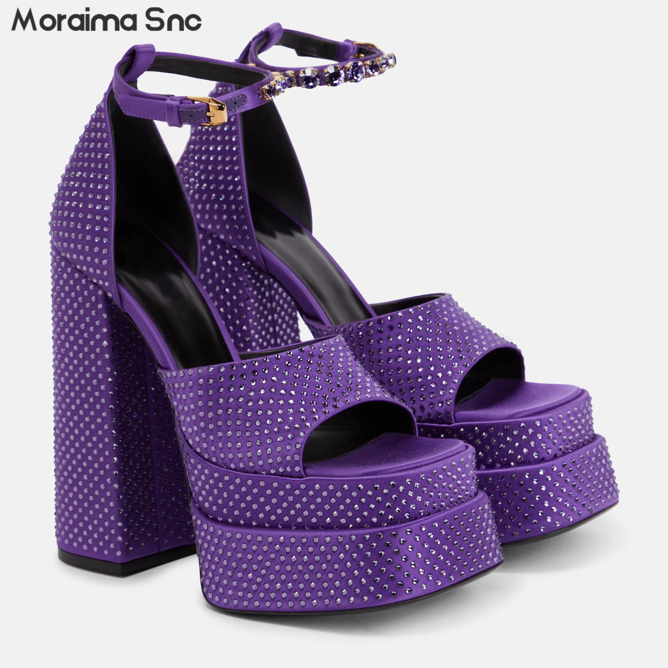 

Purple Full Diamond Platform Sandals Super High Heel Thick Heel Rhinestone Hollow Open Toe Women's Shoes with Large Size Sandals