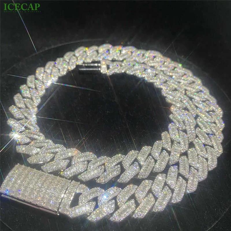 15mm Fashion Hip Hop Jewelry Baguette Diamond Men Necklace 925 Sterling Silver Fully Vvs Luxury Moissanite Cuban Link Chain