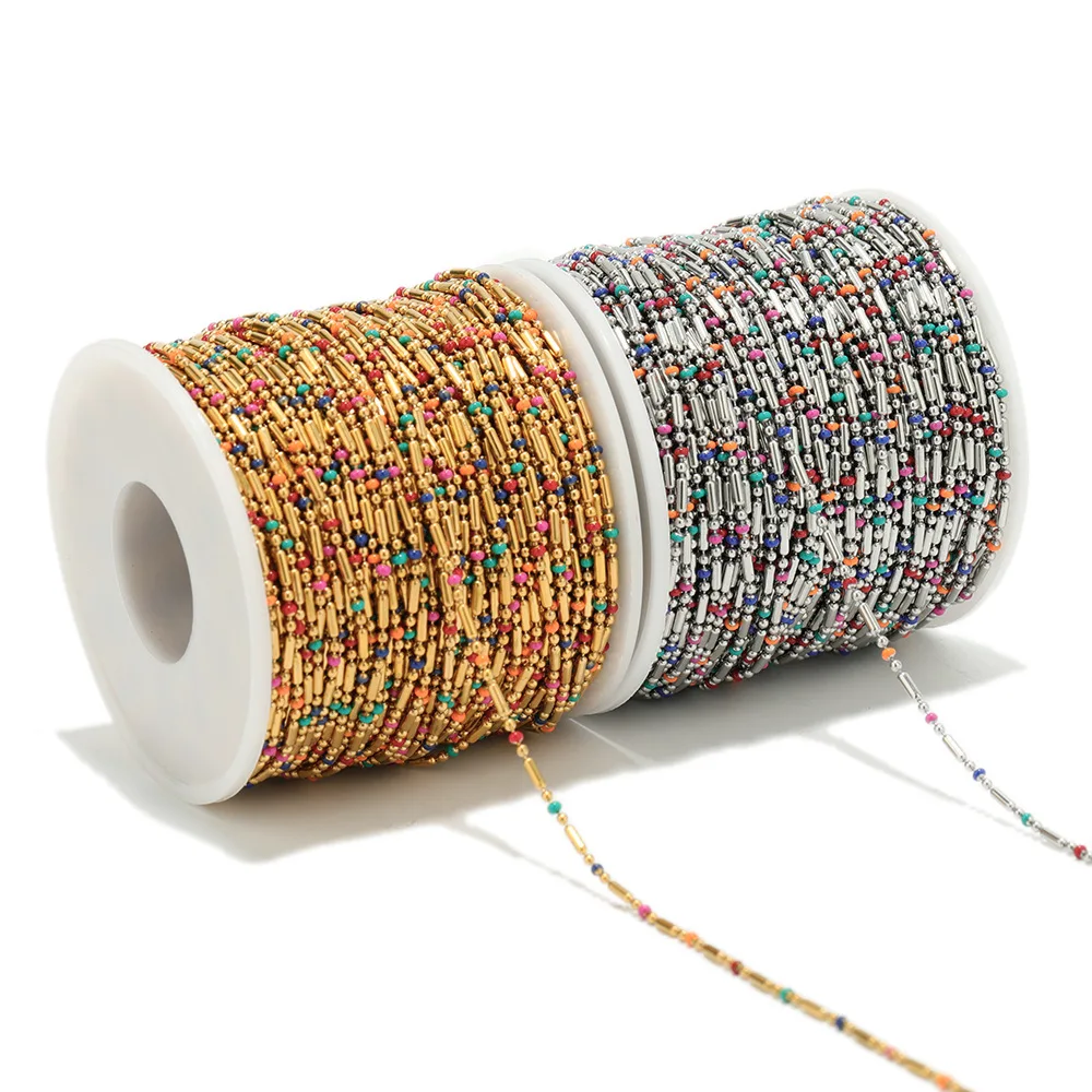 

Hot Sale 1.6mm Chain Titanium Stainless Steel 3+1 Enamel Oil Drops Color Beads Gold Chains for DIY Jewelry Accessory Making