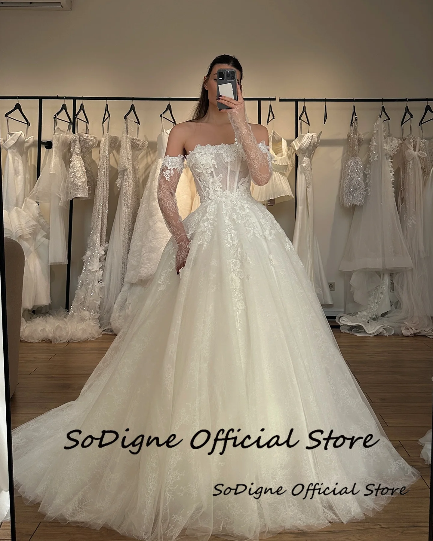 SoDigne a-line دانتيل/تول فستان الزفاف بدون حمالات وأكمام قابلة للانفصال فساتين العروس بوهو زي العرائس vestidos de novia تخصيص