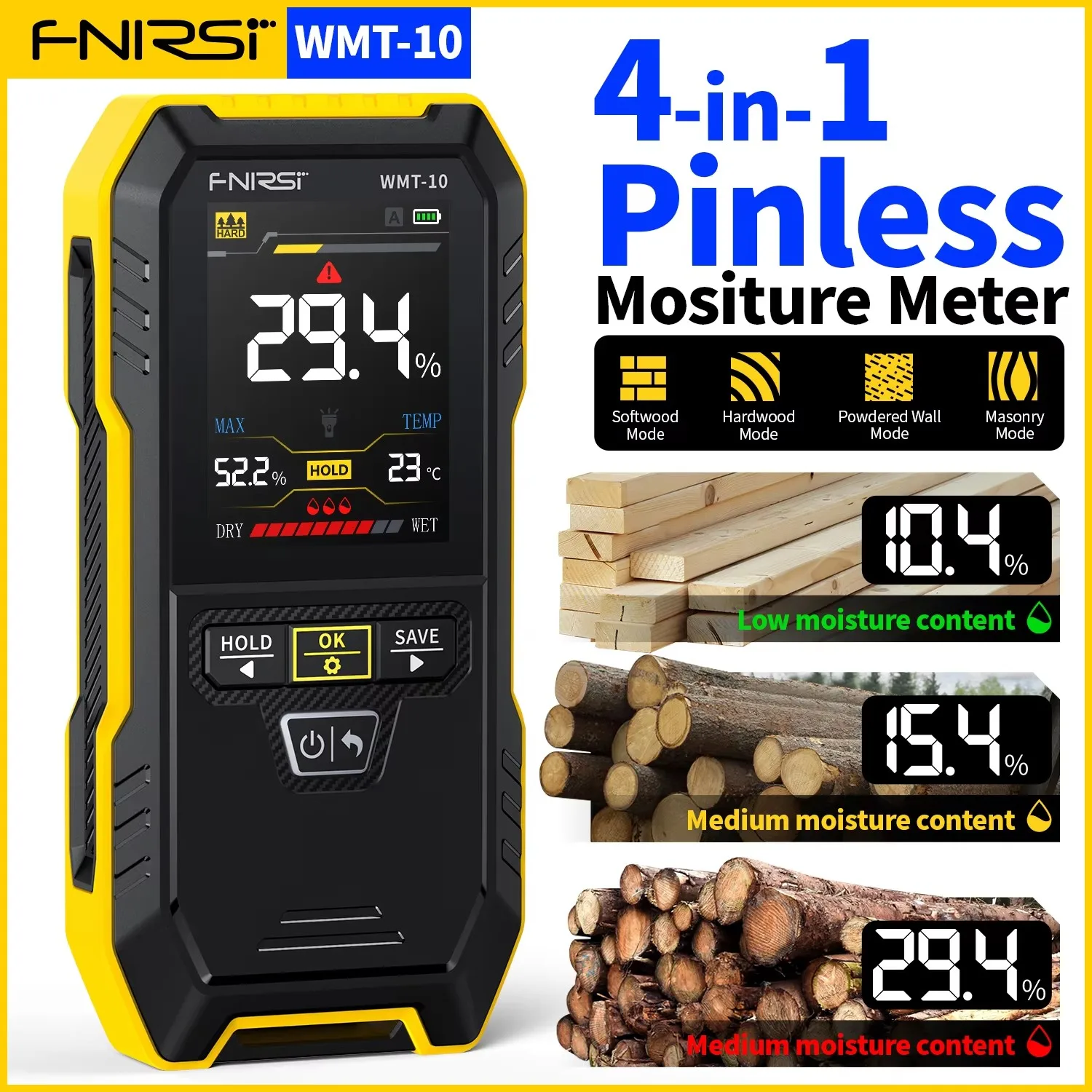 

FNIRSI WMT-10 Inductive Wood Moisture Meter Hygrometer Non-contact Timber Damp Wall Detector Non-destructive Humidity Tester