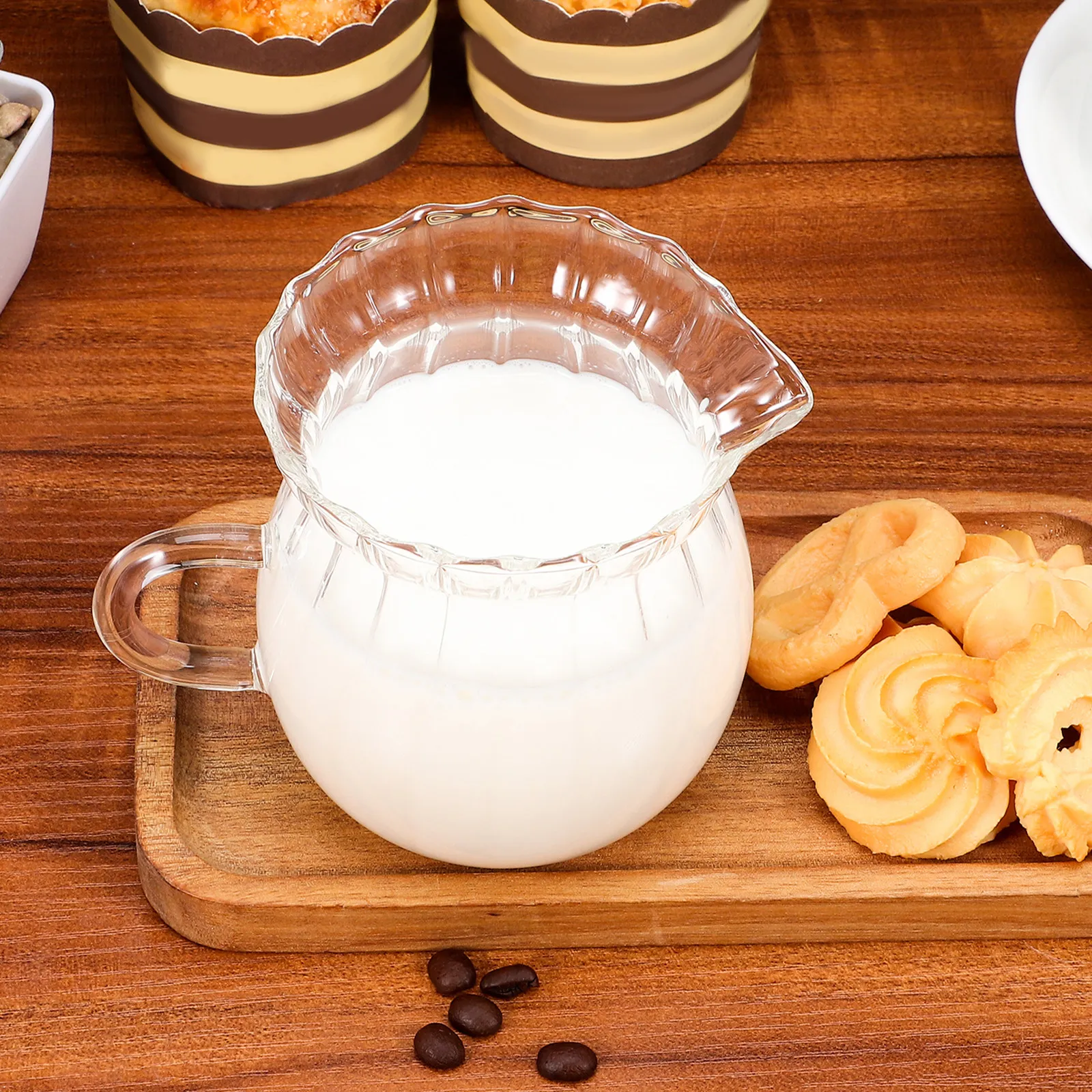 High Borosilicate Glass Creamer Pitcher 370Ml Small Milk Jug with Precision Spout Elegant Vertical Stripe Design for Coffee Tea