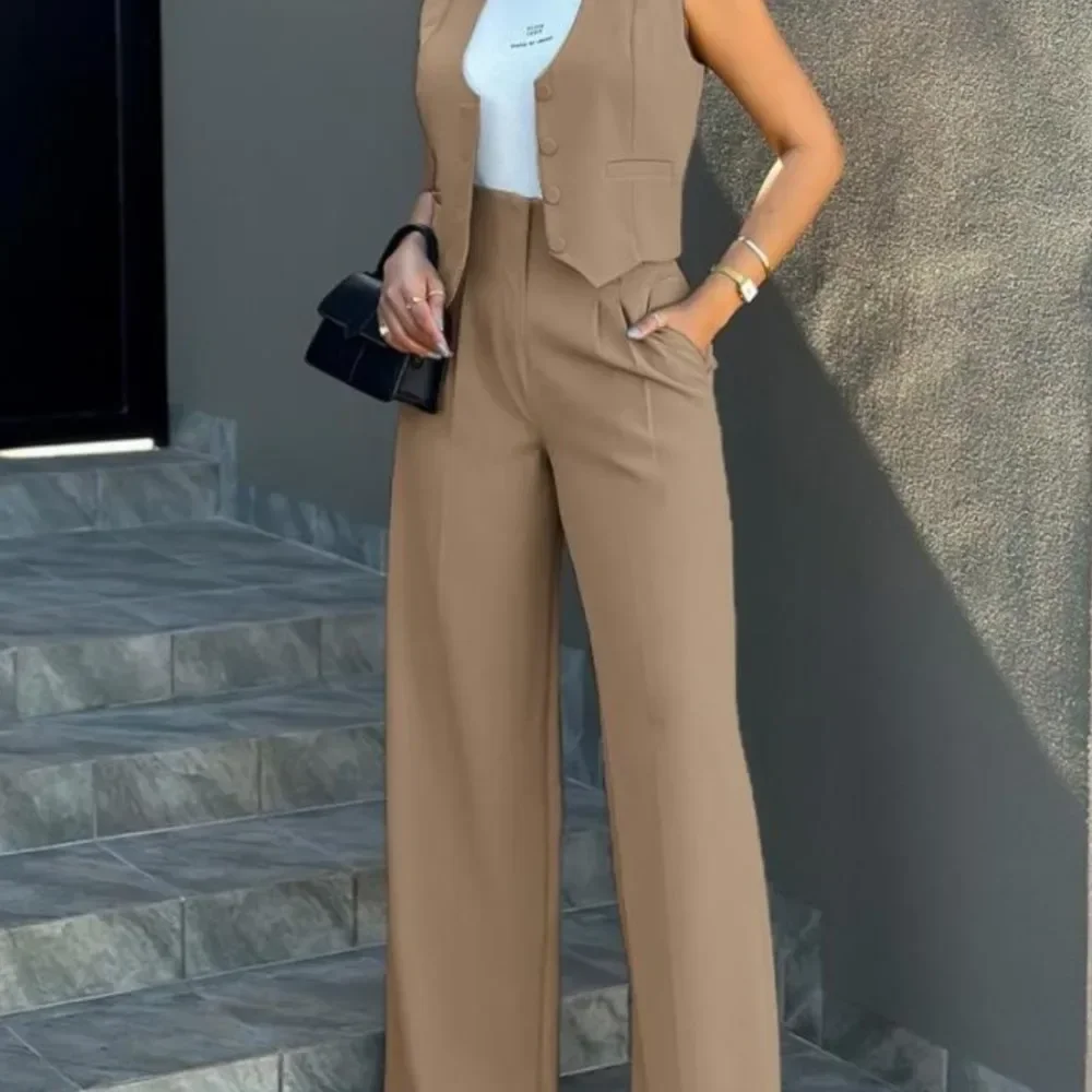 

Стильный женский жилет для поездок на работу, топы с высокой талией, широкие брюки 2024, весенне-осенний комплект с v-образным вырезом без рукавов и пуговицами, обычный комплект рабочих брюк