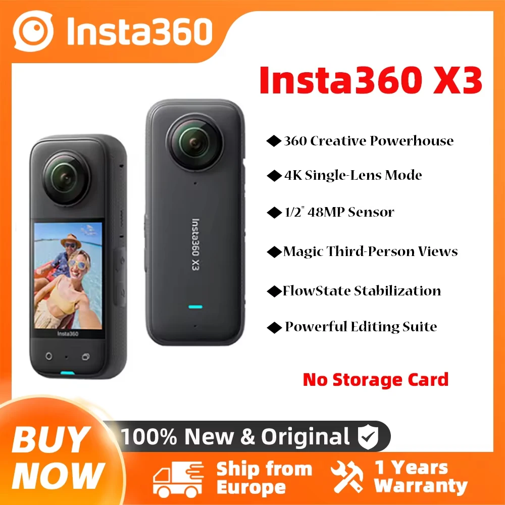 Insta360 X3 - Action-Kamera mit 1/2-Zoll-48MP-Sensoren, 5,7K Active HDR-Video, 72MP-Foto, 4K-Einzelobjektiv