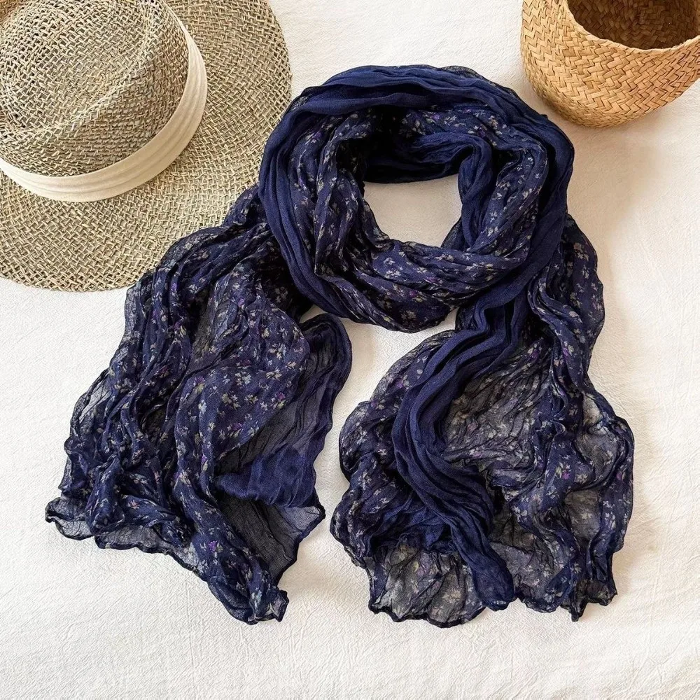 Vintage Flower Printed Pleated Scarf Yarn Color Block Neck Wrap Keep Warm Shawl Neck Warmer Autumn