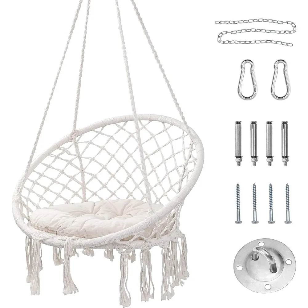 

Hammock Chair, Hanging Swing with Macrame and Cushion, Max 330 Lbs, Beige Hanging Cotton Rope Chair for Indoor, Outdoor,