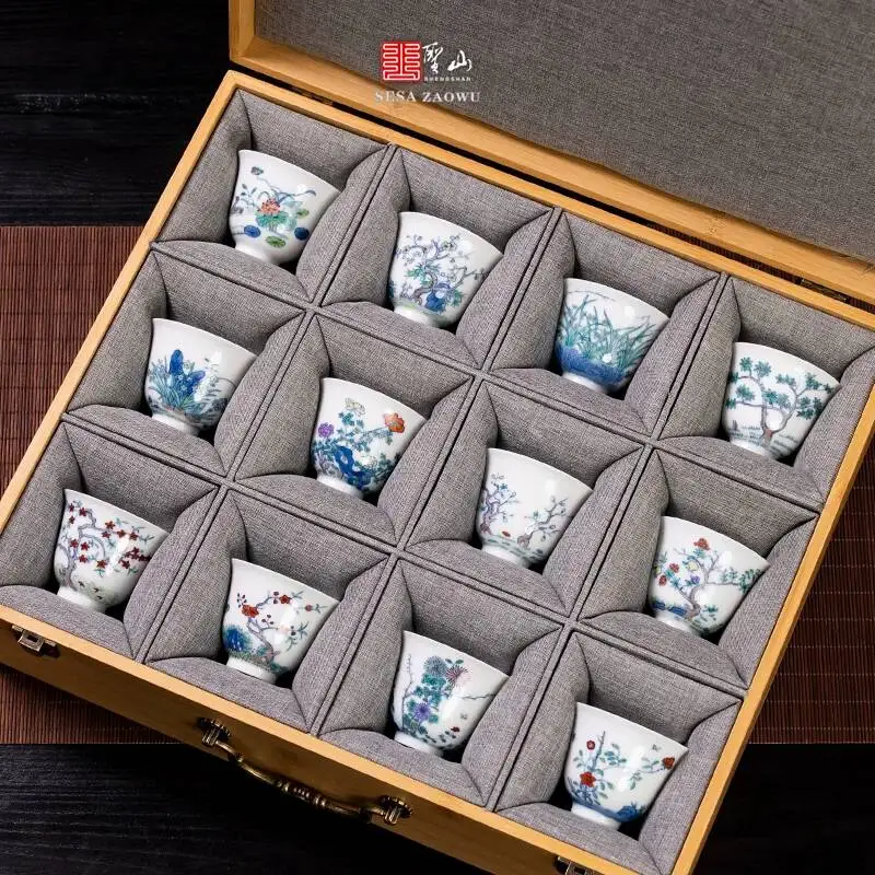 Sacred Mountain X Teacher Liu's Work, Kangxi Dynasty Doucai Twelve Gods Of Flowers Cup Set, Jingdezhen Handmade Antique-Style