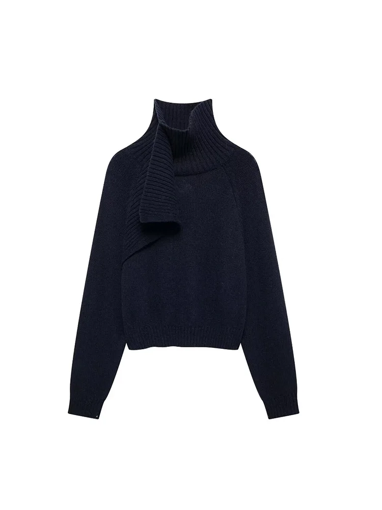 KUCLUT Women Fashion Chic Navy Knit Sweater With Scarf Female High Neck Long Sleeves Pullovers Ladies Casual Knitwear