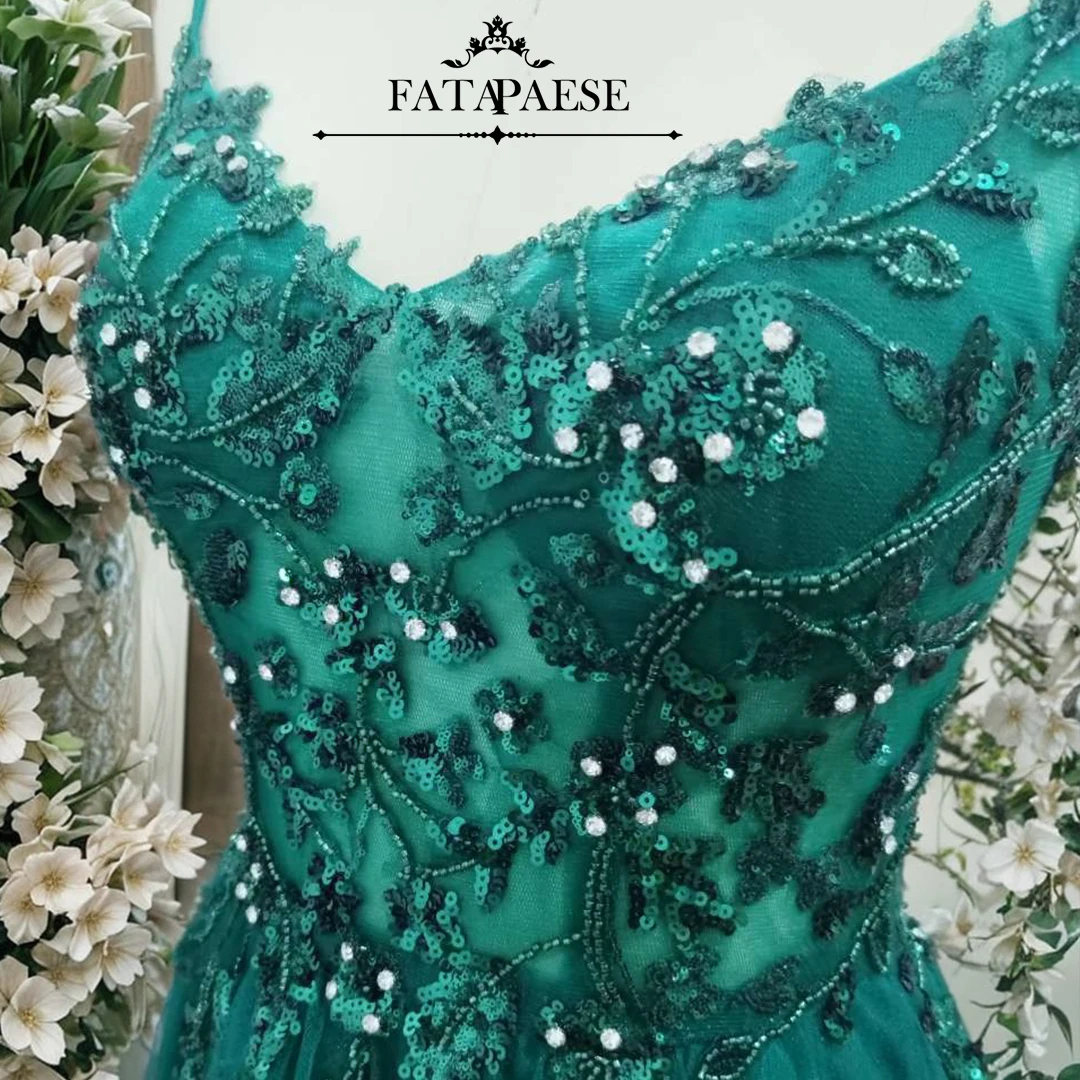 FATAPAESE Prom Dress Sheer Net Bodice with Floral Patterns Glitter Beadingds Spaghetti Straps V neck on the Front Flared Tulle