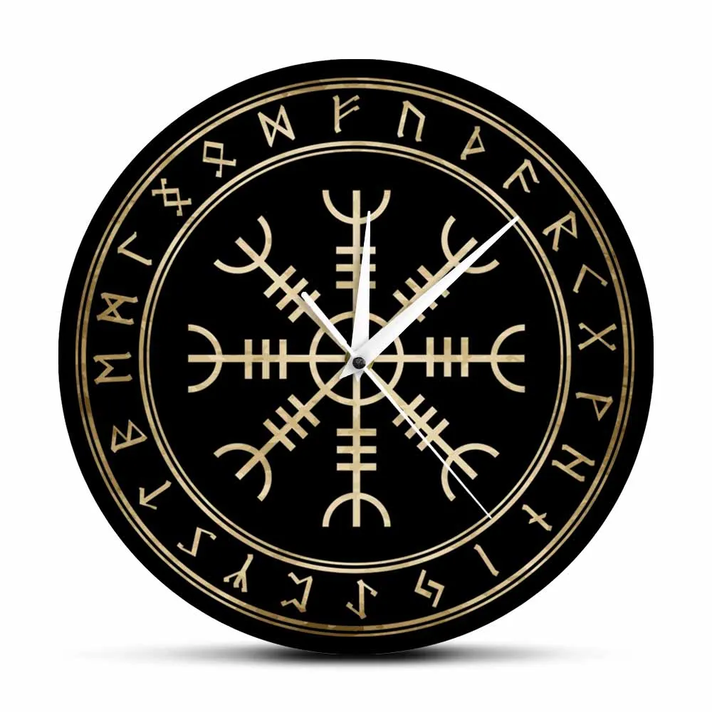 

Medieval Valhalla Helm of Awe WIth Runes Viking Symbol Wall Clock Aegishjalmur Veldismagn Runic Circle Norse Compass Wall Watch