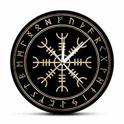 Medieval Valhalla Helm of Awe WIth Runes Viking Symbol Wall Clock Aegishjalmur Veldismagn Runic Circle Norse Compass Wall Watch