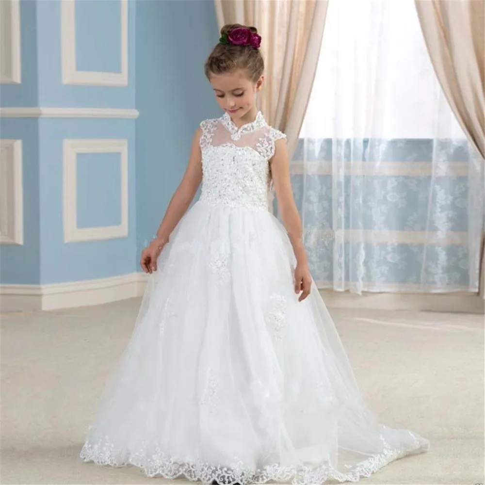 

White Tulle Puffy Lace Sleeveless Flower Girl Dress Wedding Elegant Little Princess Children's Communion Birthday Party Gowns