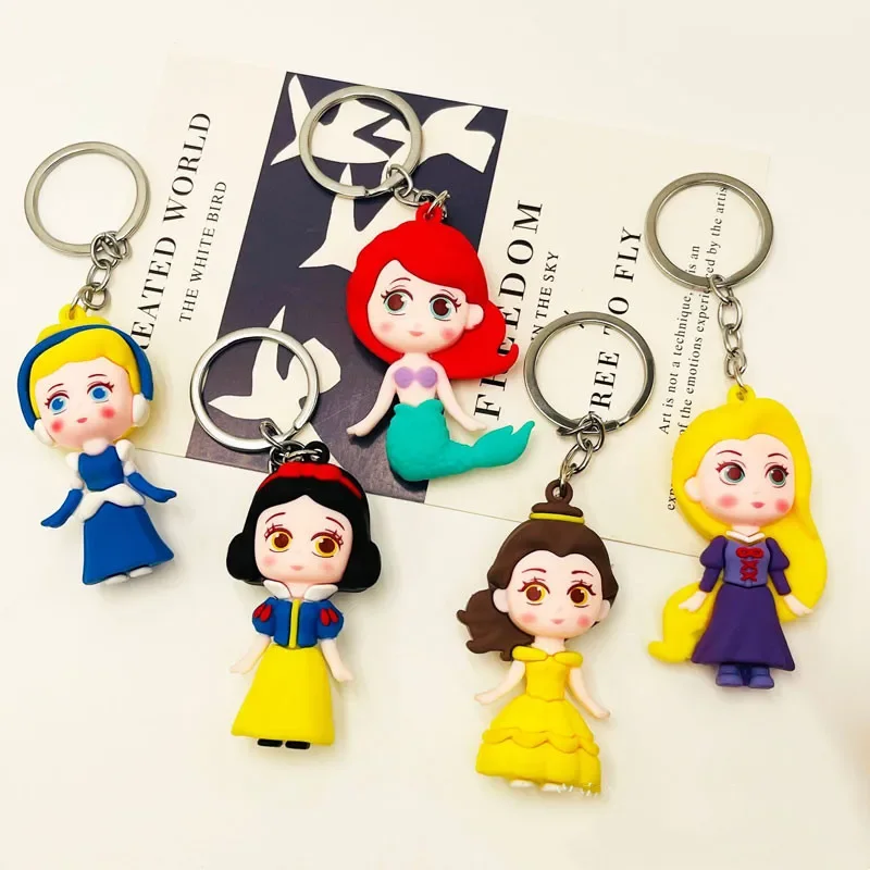 Disney Princess Anime Figure Snow White Mermaid Ariel Cinderella Rapunzel Belle Keychain Bag Keyring Children's Toy Birthday Gif