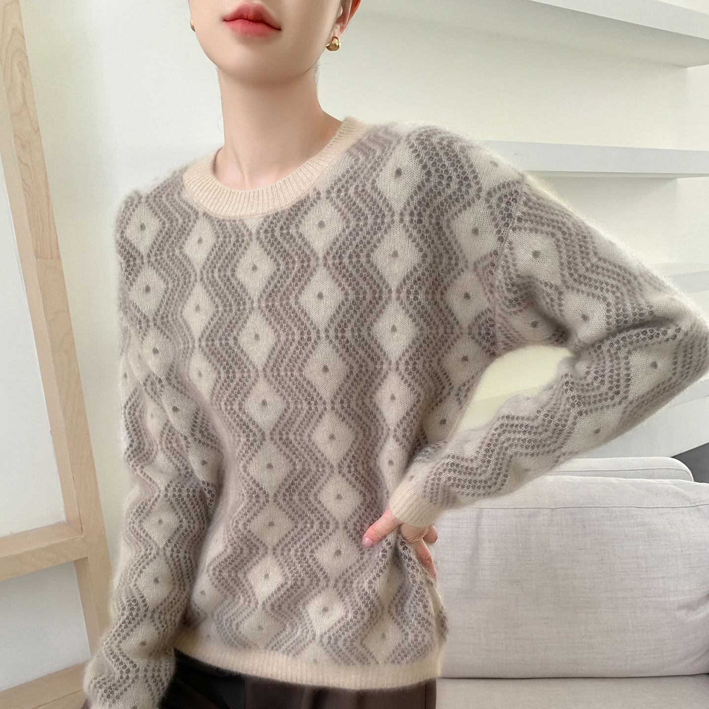 

100% Wool 2025 Autumn Winter New Women's Sweater Knitted O-collar Colorful Casual Women's Loose Large Size Top