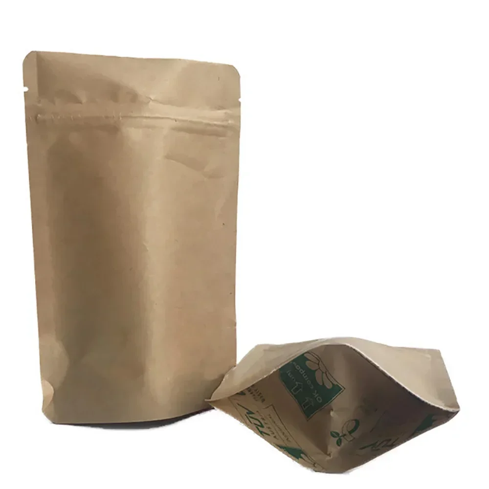 

50pcs Home Compostable Brown Nature Kraft Paper with Milky PLA 100% Biodegradable Stand Up Pouch for Daily Food Packaging