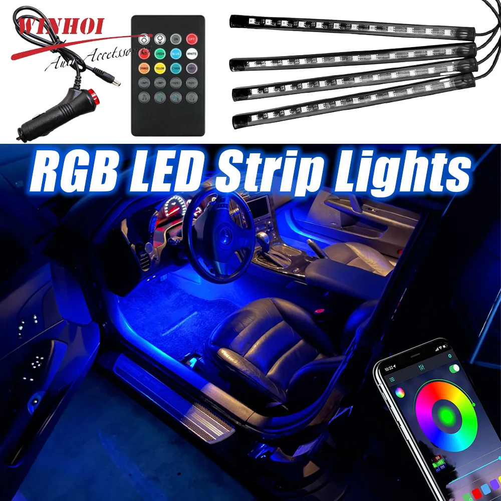 RGB LED ไฟภายในรถ APP ควบคุมแสงนีออนแถบไฟใต้ฝ่าเท้าล้อมรอบด้วยอุปกรณ์ตกแต่งรถยนต์ตกแต่งโหมดเพลง