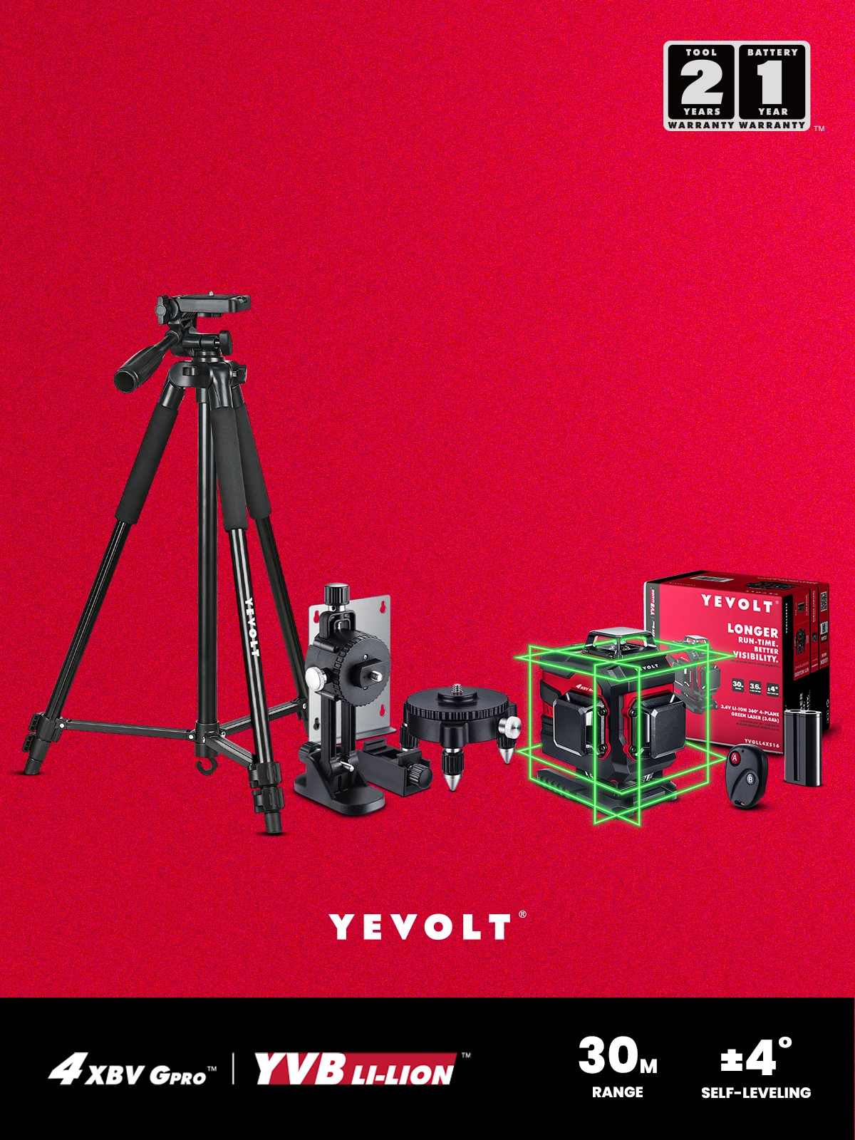 

YEVOLT TP-YVGLL4XS16-Wd 4-Plane Green 16 Lines Laser Level Tool with Remote Tripod Rotating Base Fine-tuning Magnetic Holder