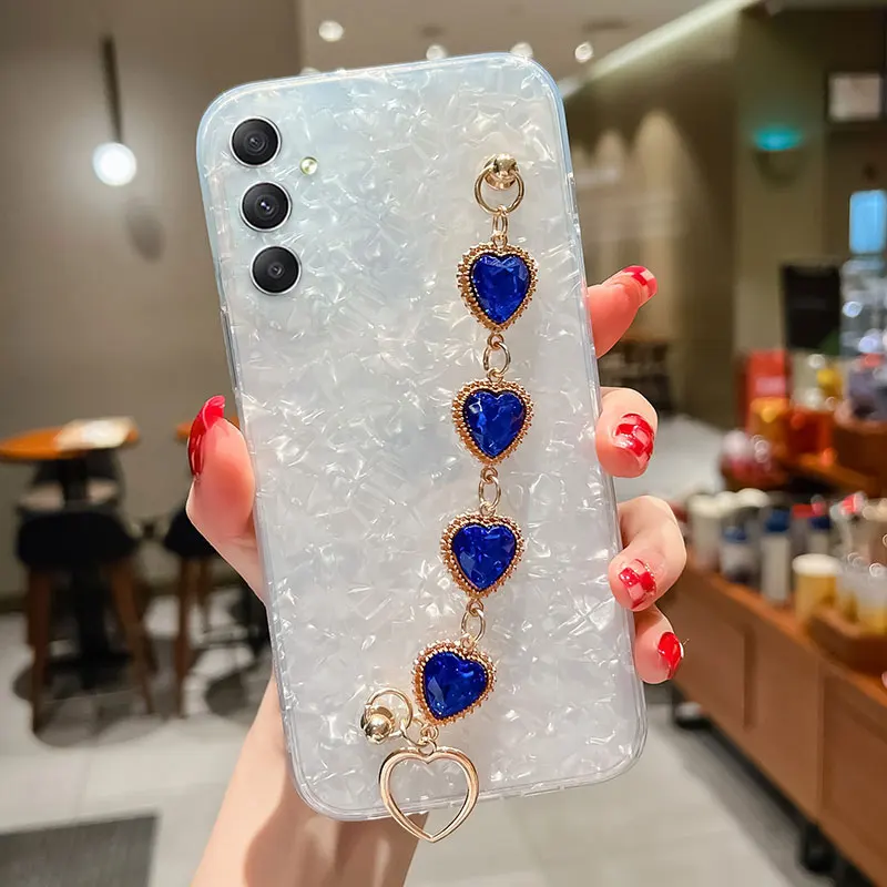 Luxury Diamond Bracelet Chain Phone Case For Samsung galaxy A54 5G A34 A14 Case Glitter Heart On galaxyA54 A 54 Strap Cover Capa