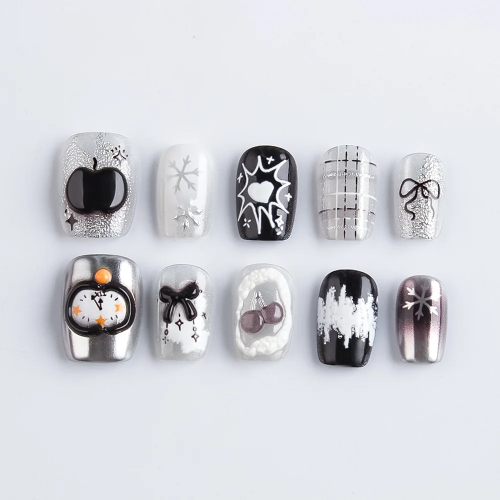 24Pcs Apple Bow Stick on False Nails Sets Black Silver Fake Nail Tips with Short Ballet Design Snowflake Lines Pattern Press On